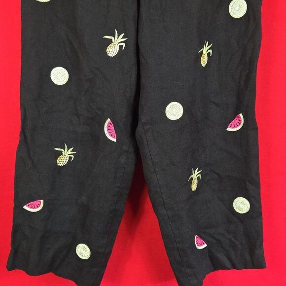 TALBOTS VINTAGE Linen Fruit Embroidered Cropped Pants Black Size 12P Lagenlook - Picture 5 of 10